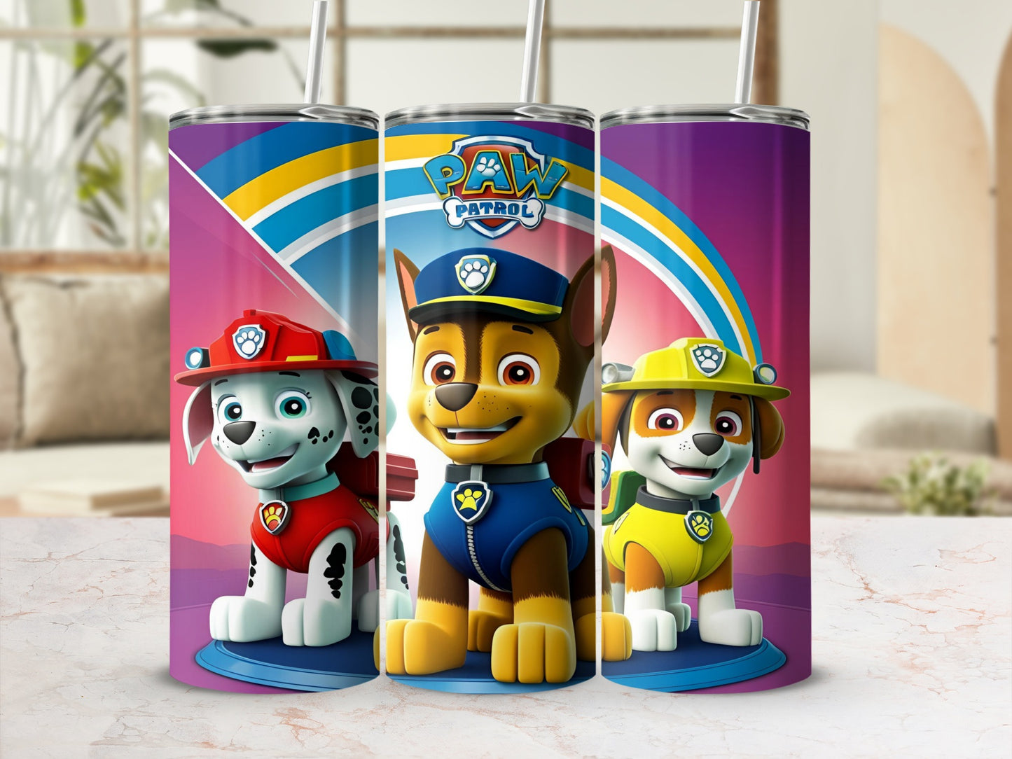 Paw Patrol characters Chase, Marshall, and Rubble on a colorful tumbler.