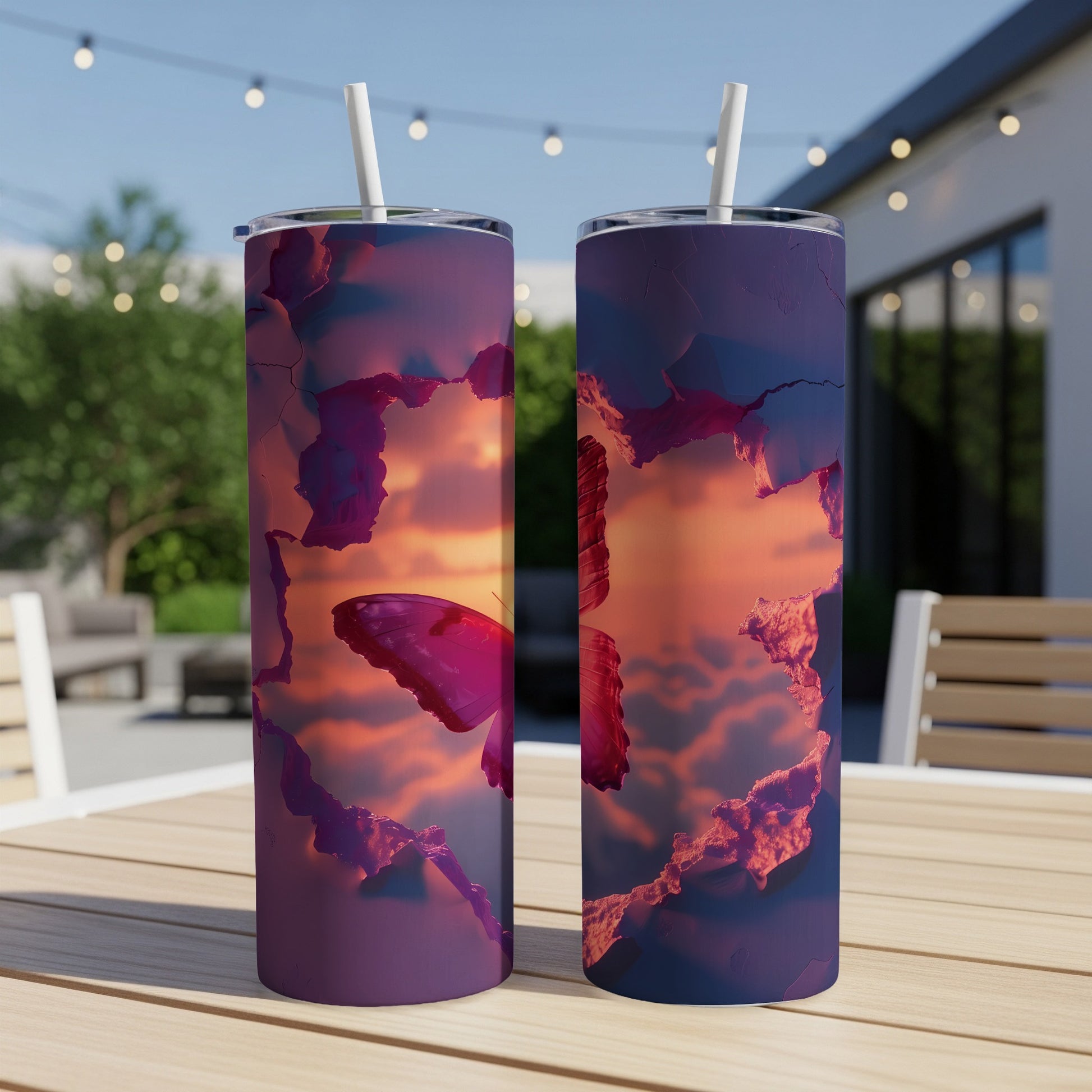 Two tumblers with butterfly and sunset design on a table.