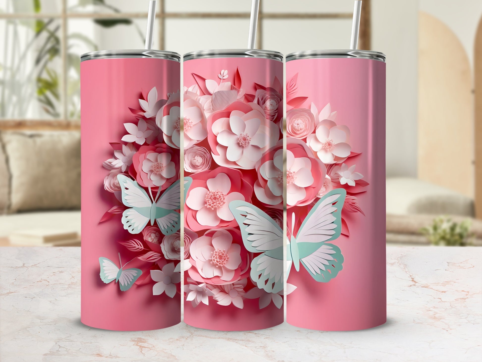 Pink Butterfly and Floral Design Insulated Tumbler Cup
