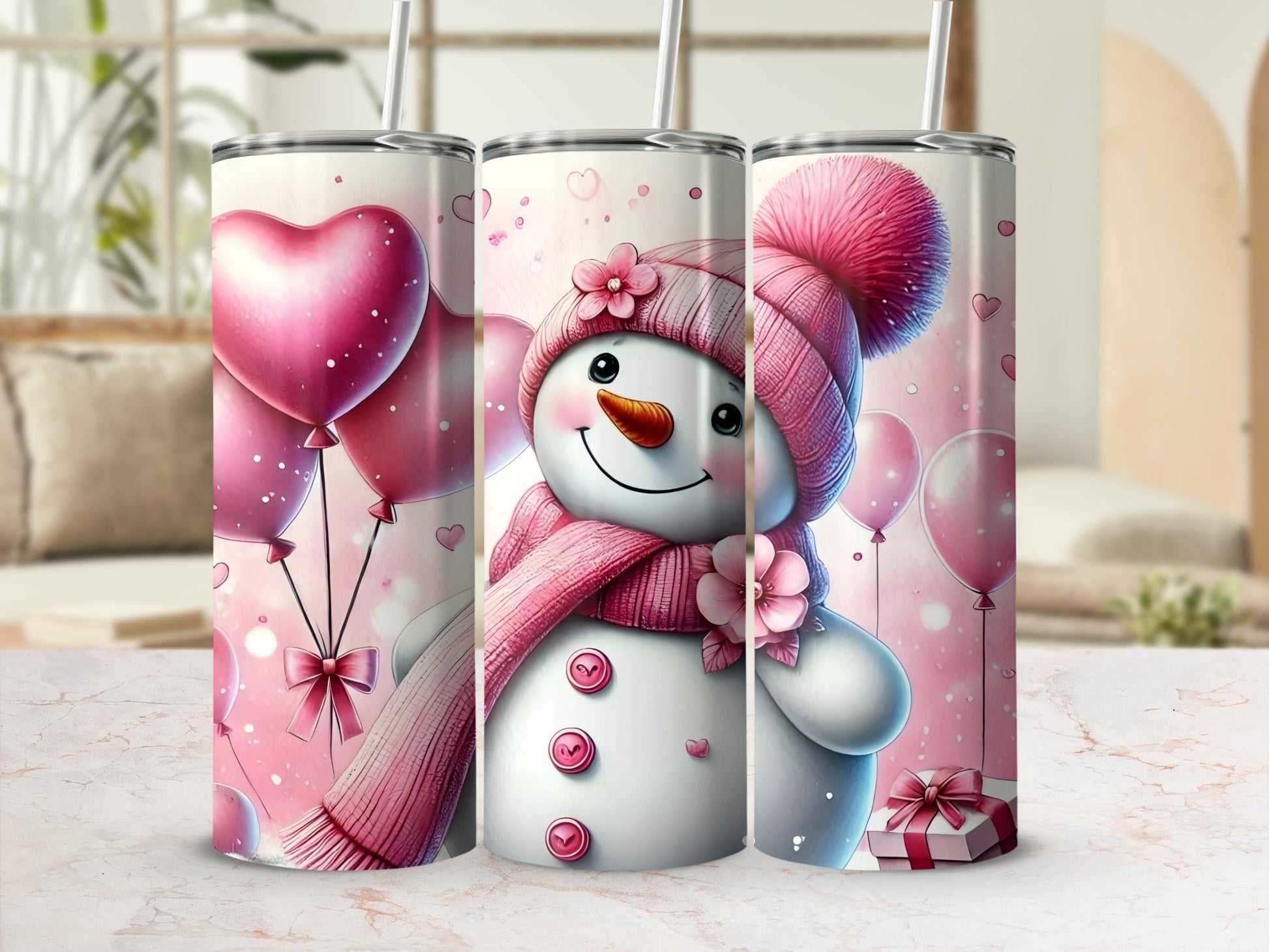 Adorable Snowman with Heart Balloons Tumbler Design