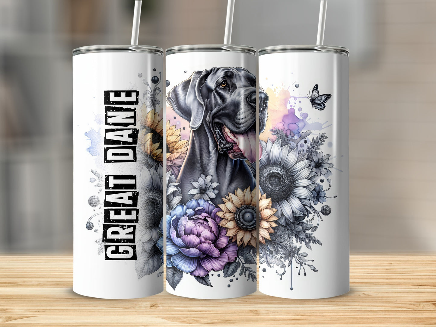 Great Dane with sunflowers and peonies on a white tumbler.