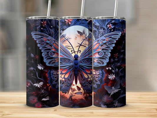 Triptych of tumblers with a large blue butterfly design and floral accents.
