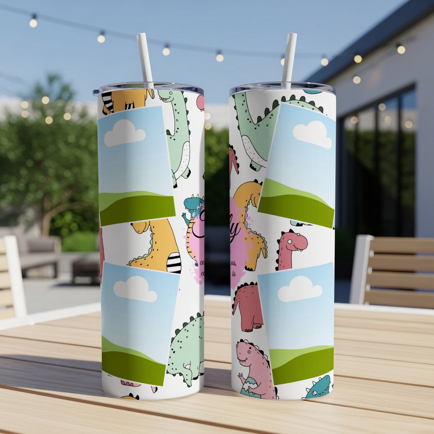 Two tumblers with a colorful dinosaur pattern and blank photo frames.