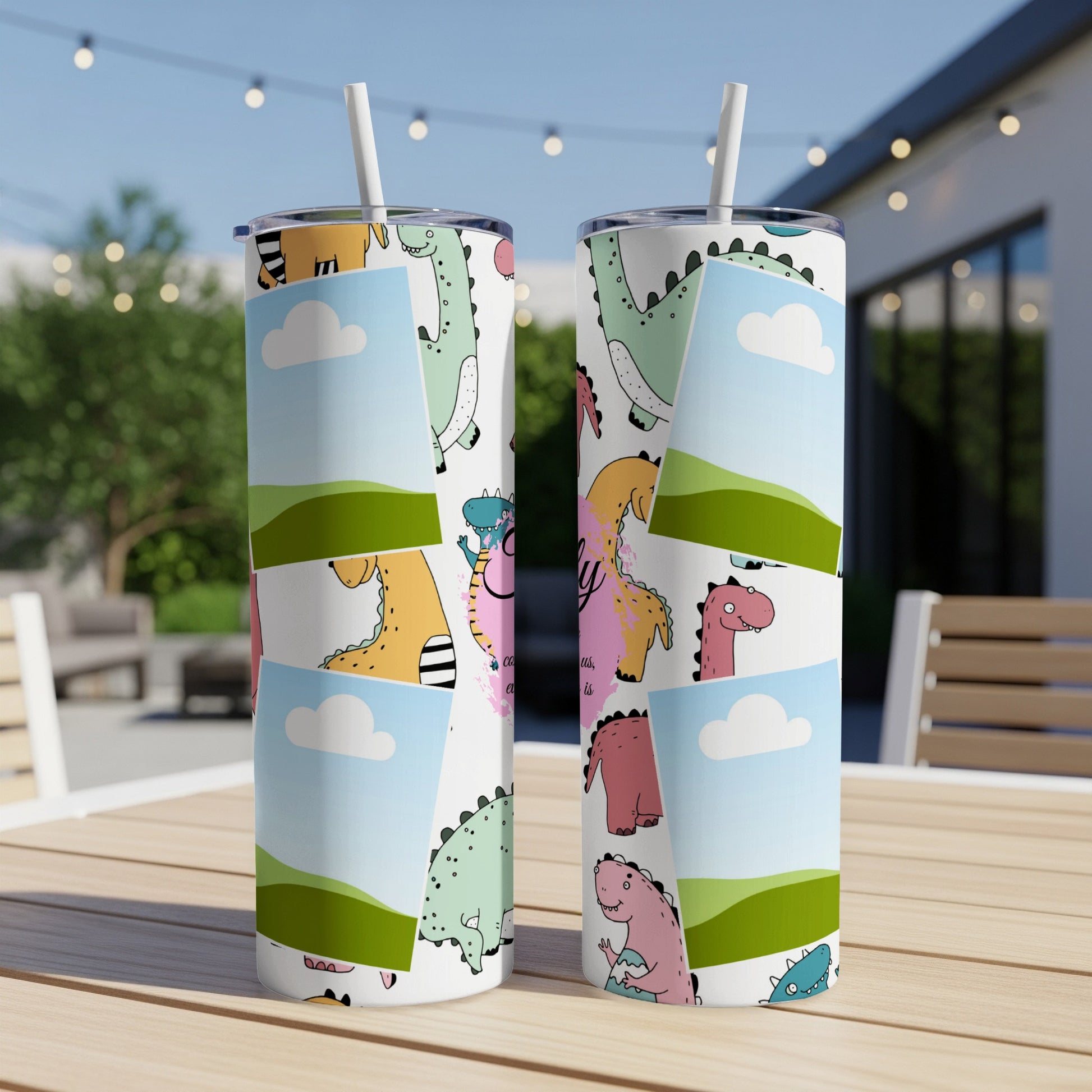 Two tumblers with a colorful dinosaur pattern and blank photo frames.