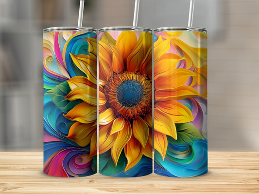 Three tumblers featuring a vibrant sunflower design with colorful abstract backgrounds.