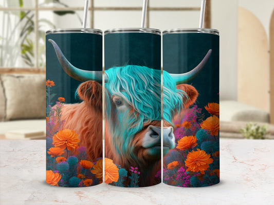 Highland cow with teal hair amidst orange and purple flowers.