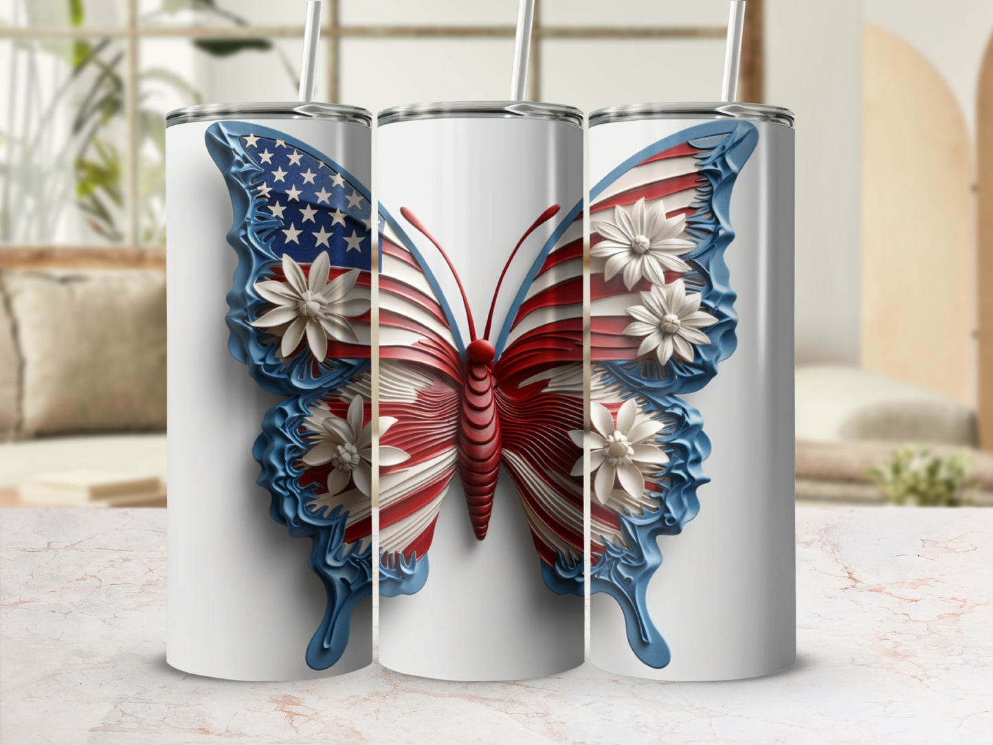 White tumblers with patriotic butterfly design and white floral accents.