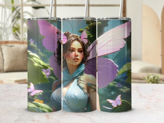 Fairy with butterfly wings and intricate hairpiece on a blue draped dress.