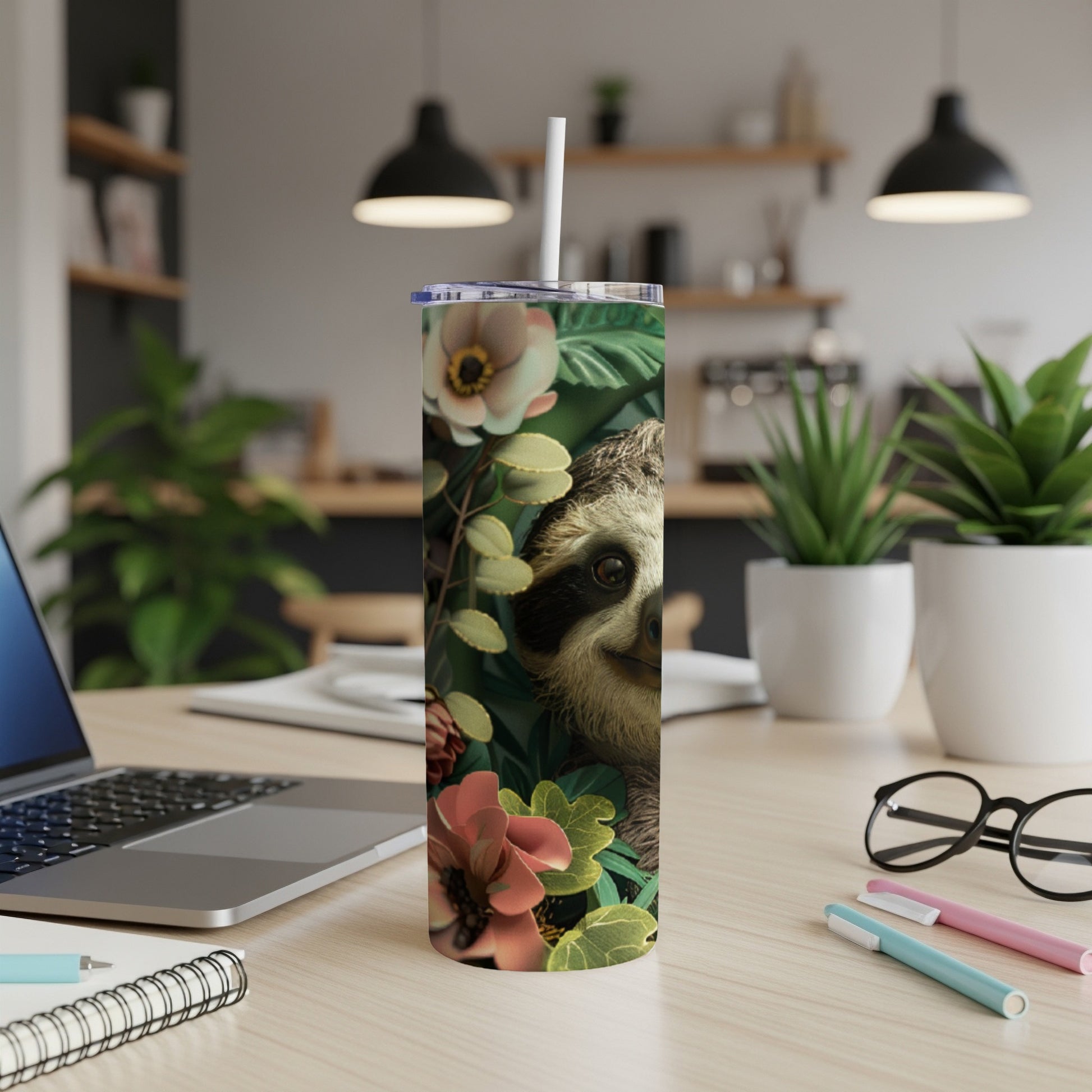 Sloth face and tropical flowers on a white tumbler with a straw.