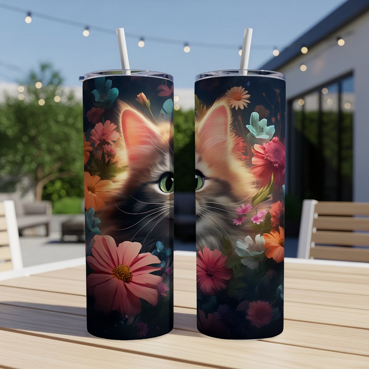 Two tumblers with a cat's face peeking through colorful flowers.