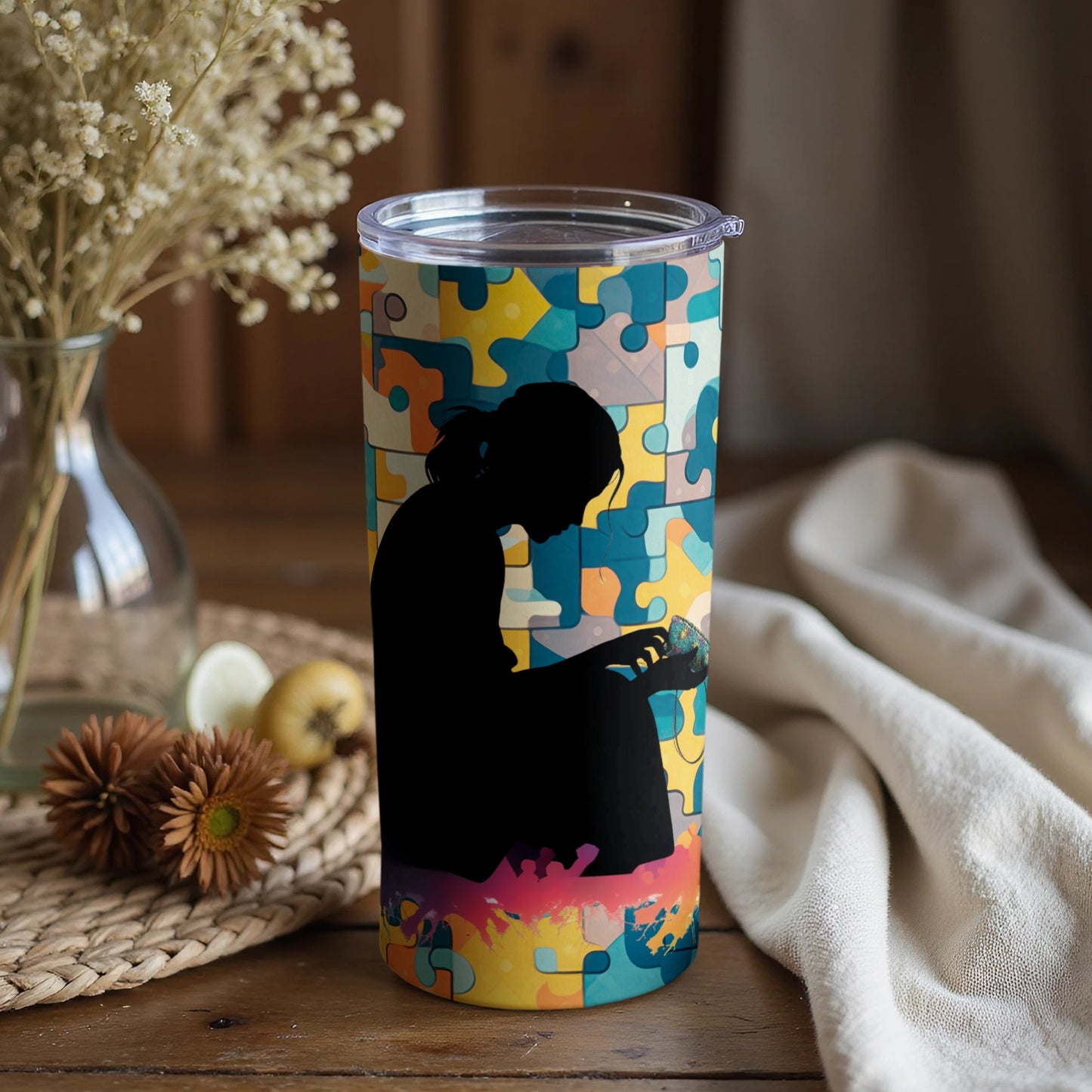 Colorful Puzzle Patterned Silhouette Tumbler