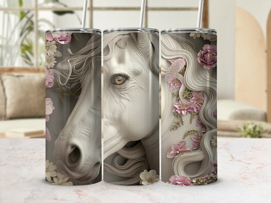 White horse head with pink flowers and butterfly accents on a tumbler.