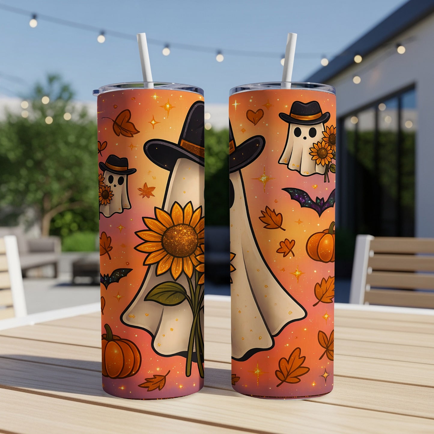 Two tumblers with Halloween ghosts, sunflowers, pumpkins, bats, and falling leaves.