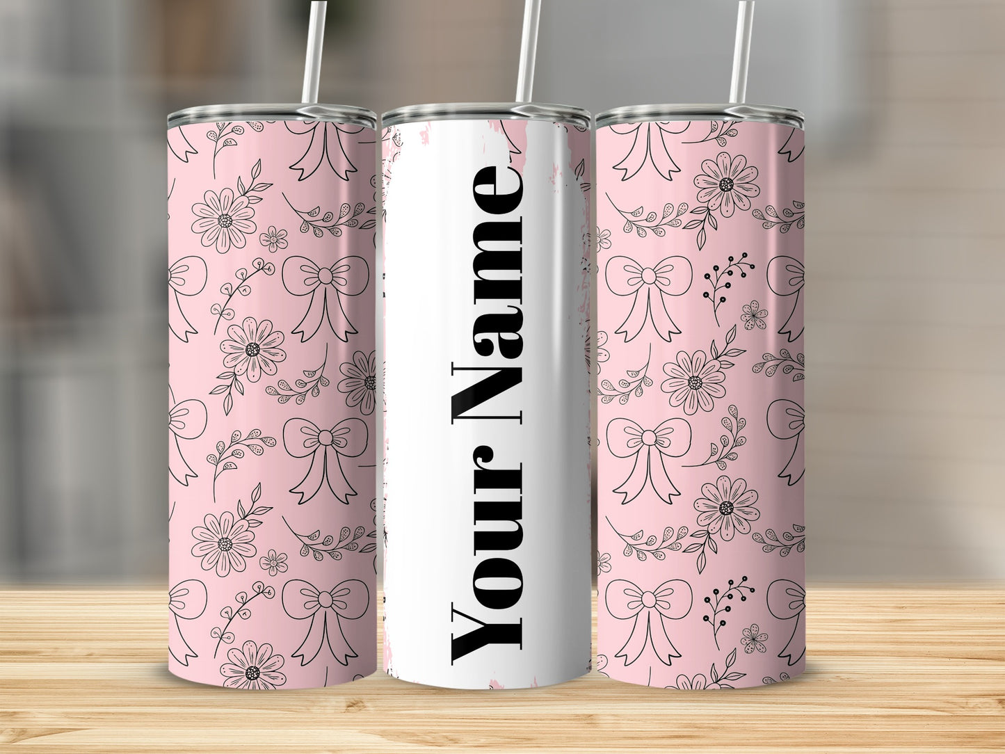 Personalized Pink Floral Design Tumbler with Custom Name