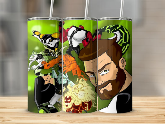 Vibrant Heroic Figures Design on Green Tumbler