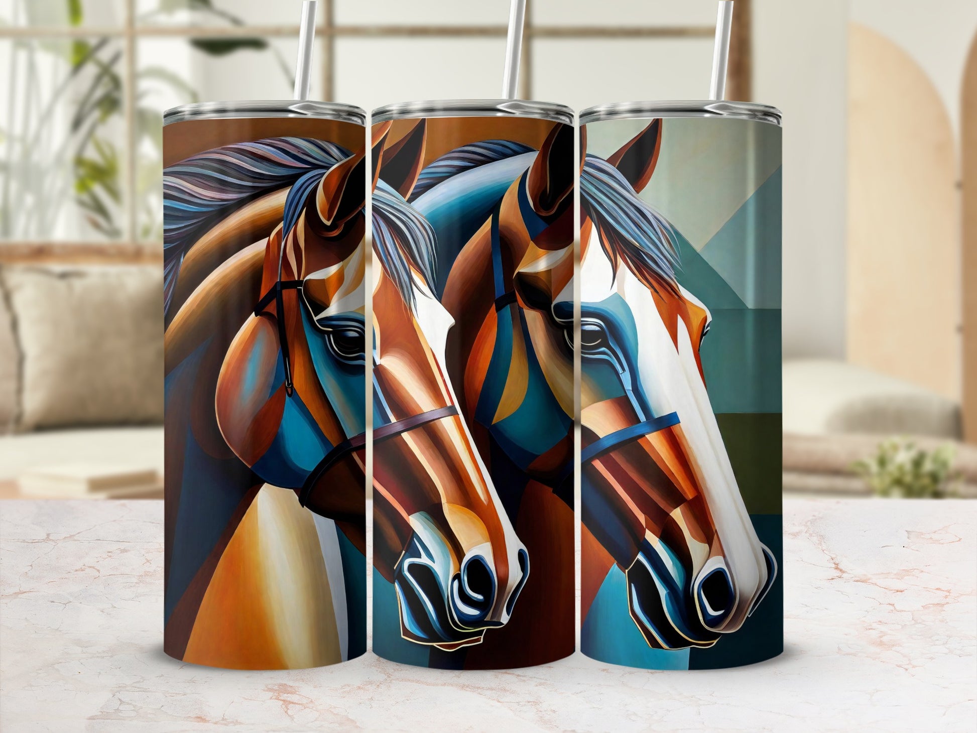 Colorful Abstract Horse Art Insulated Tumbler Set