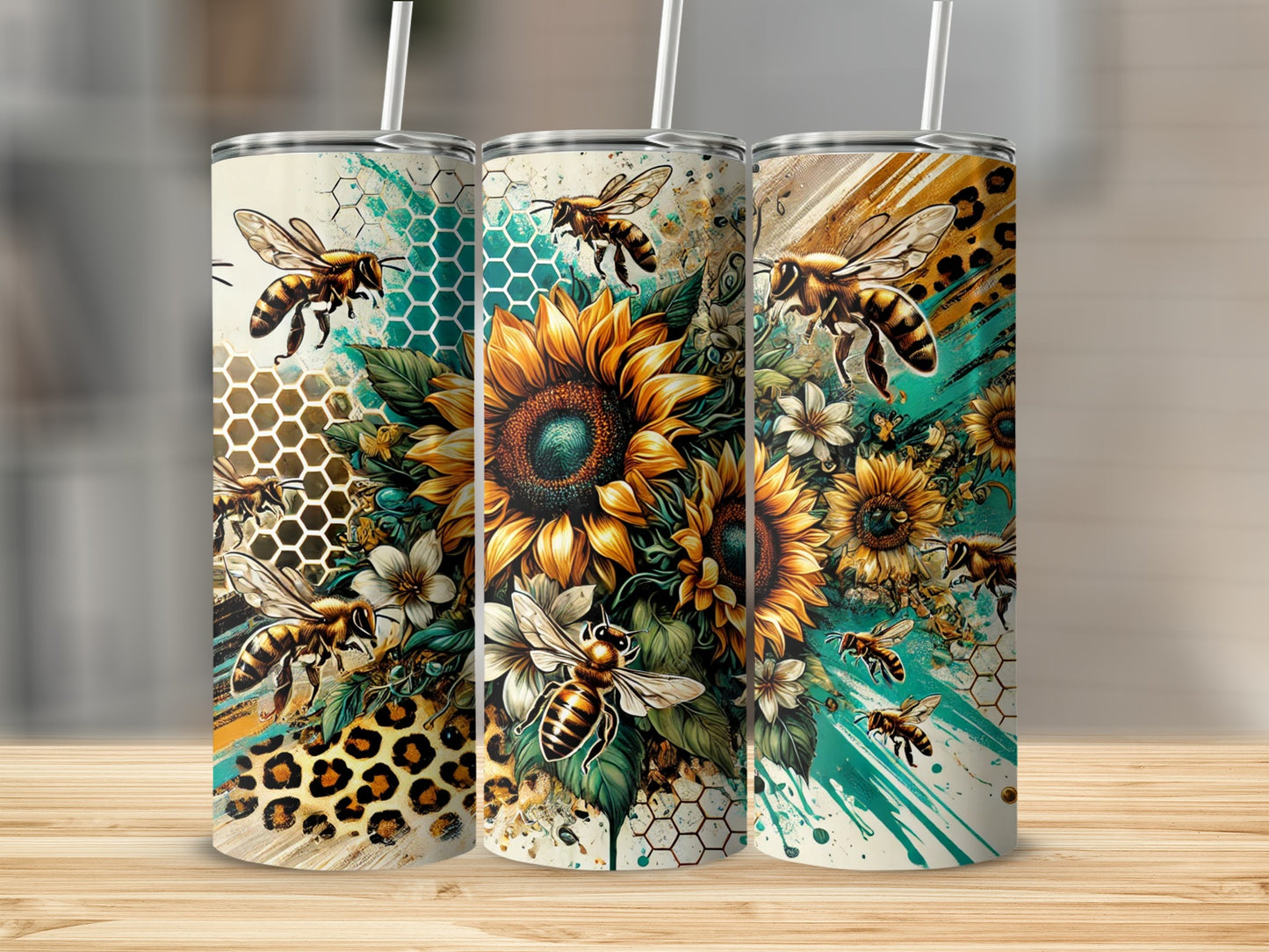 Three tumblers with sunflowers, bees, and leopard print designs.