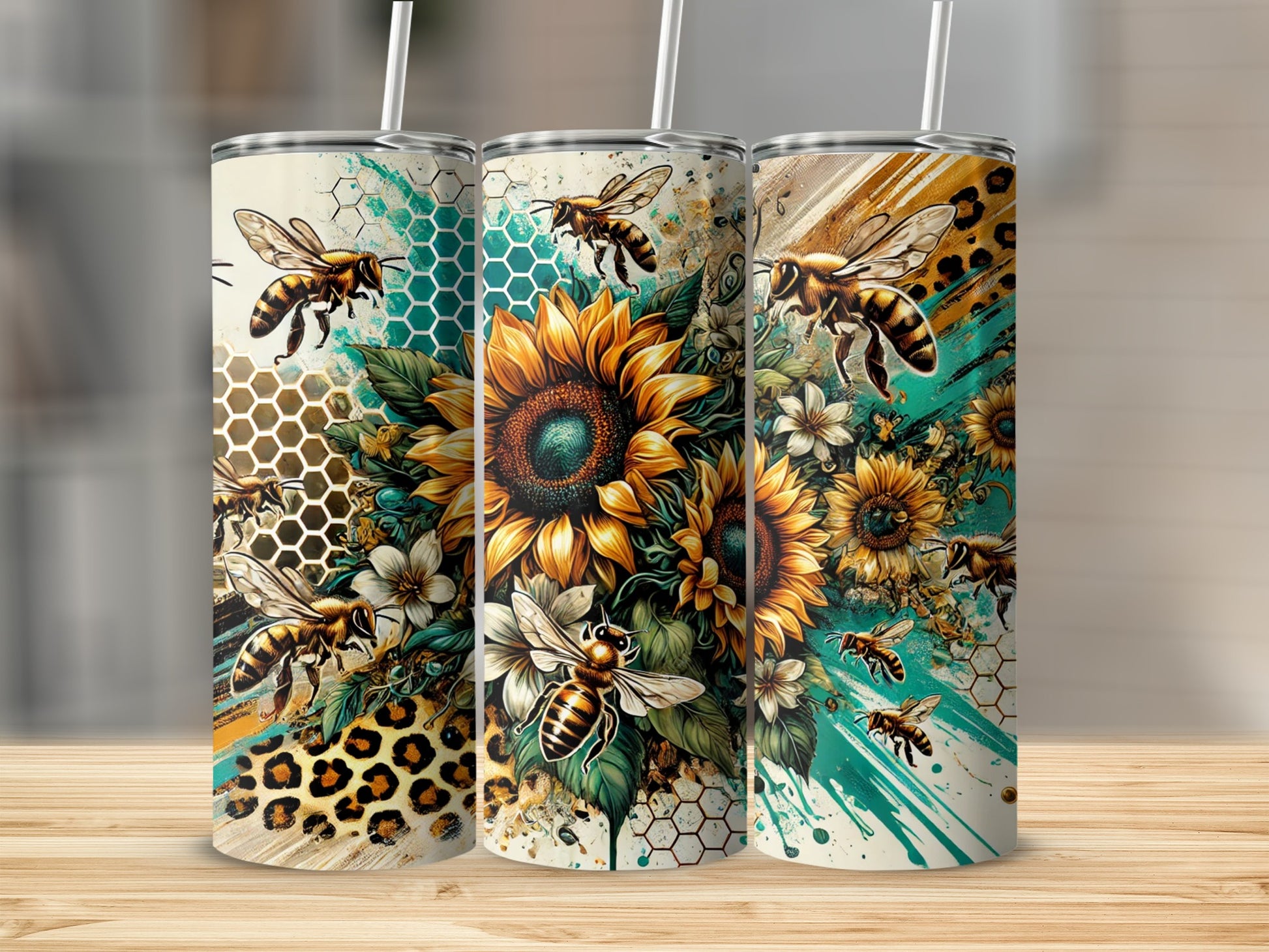 Three tumblers with sunflowers, bees, and leopard print designs.