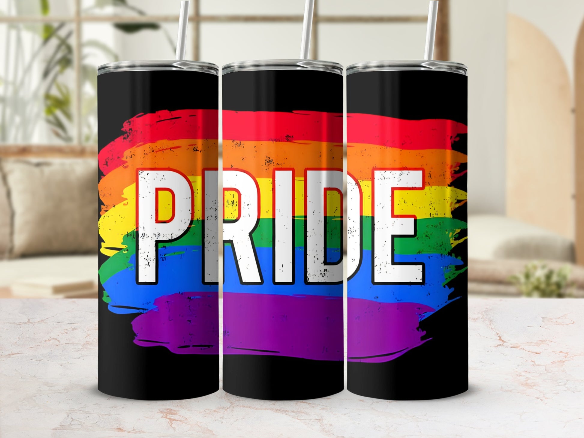 Black tumbler with rainbow pride flag brushstroke and "Pride" text.