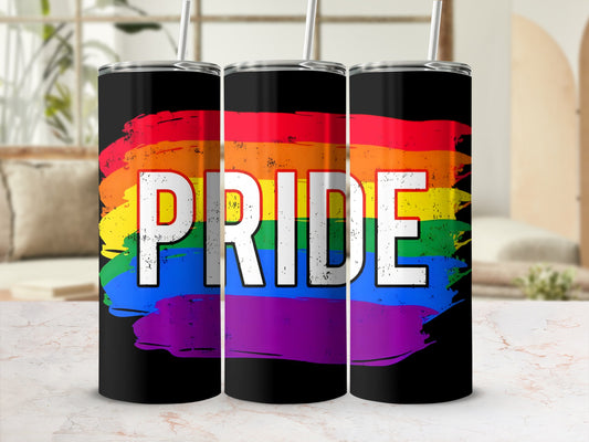 Black tumbler with rainbow pride flag brushstroke and "Pride" text.