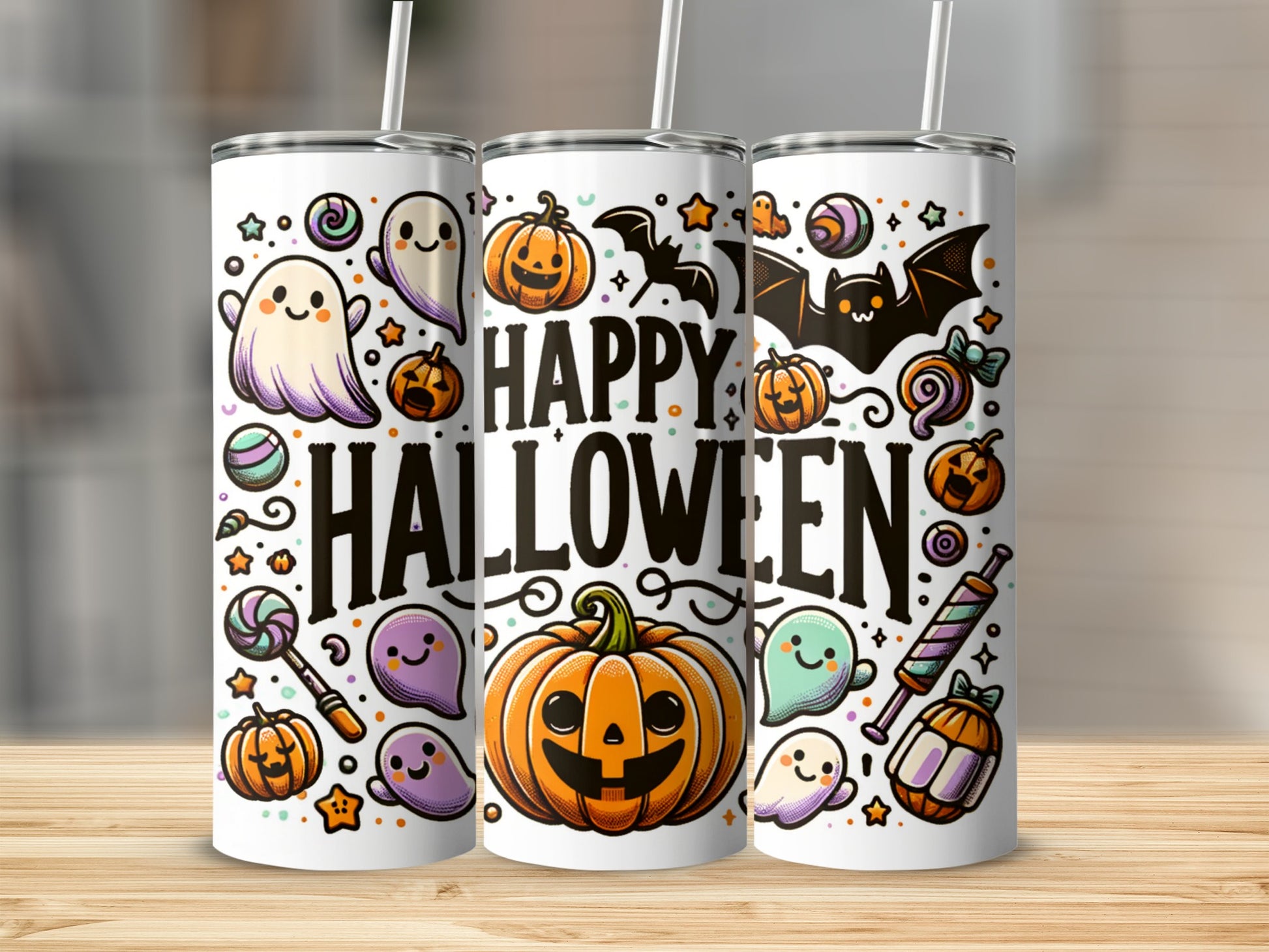 Three tumblers with "Happy Halloween" text and cute ghost, pumpkin, and bat graphics.