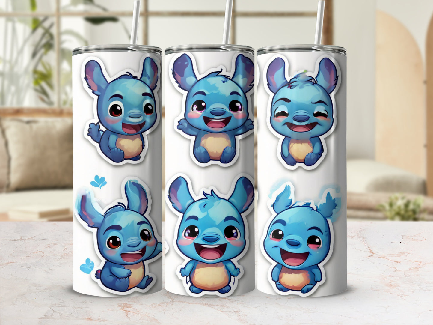 Six blue cartoon characters with big ears and happy expressions on tumblers.