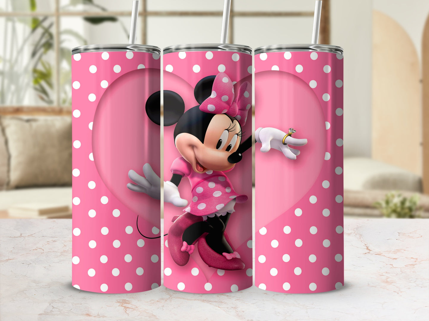 Minnie Mouse in a pink dress with polka dots on a pink heart background.