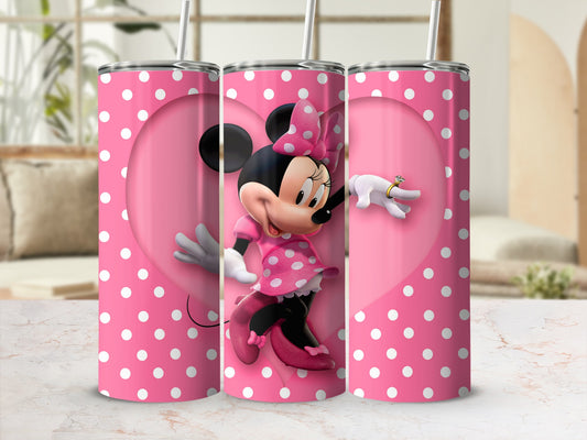 Minnie Mouse in a pink dress with polka dots on a pink heart background.
