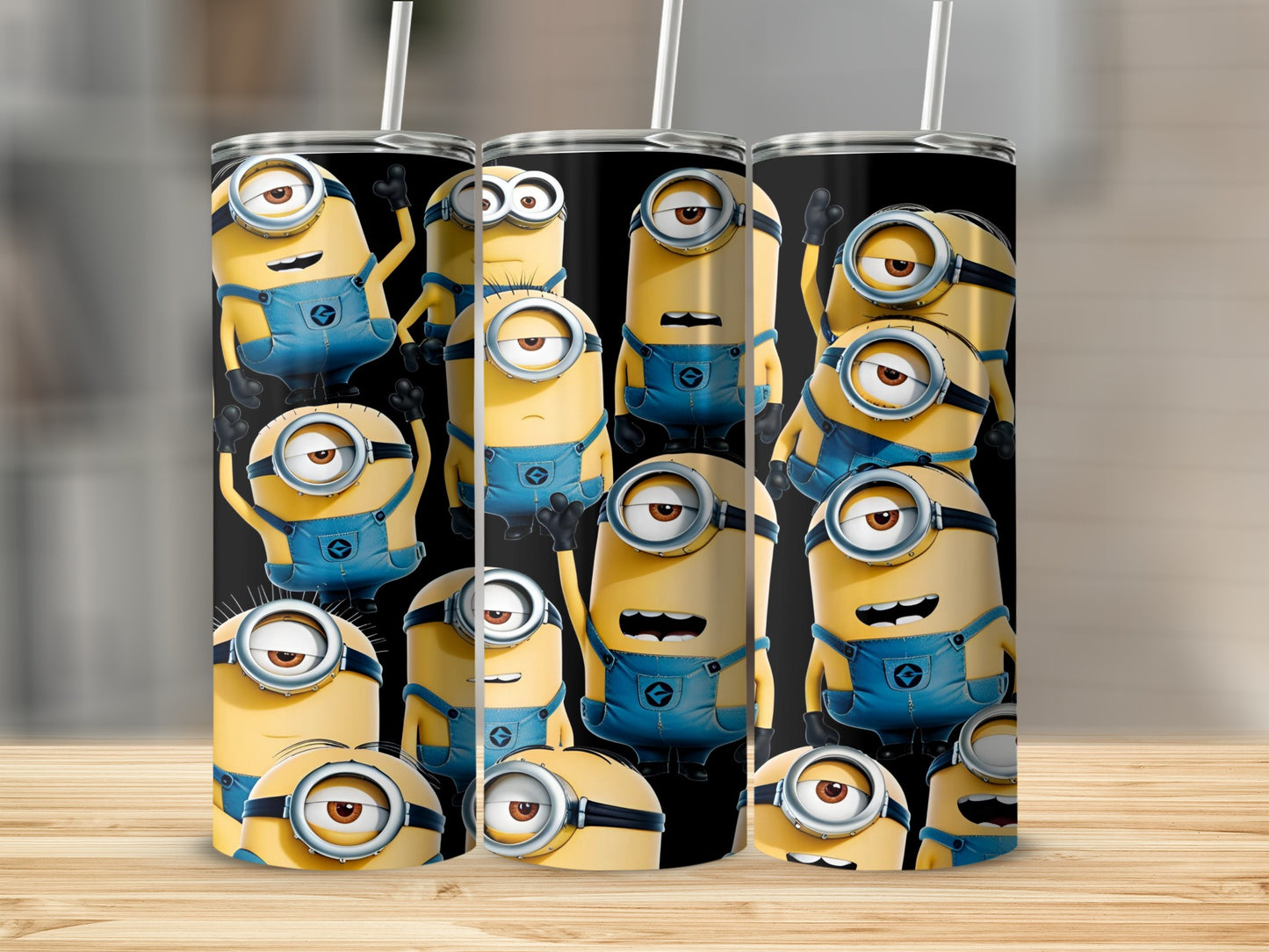 Minions characters on three tumblers with black background.