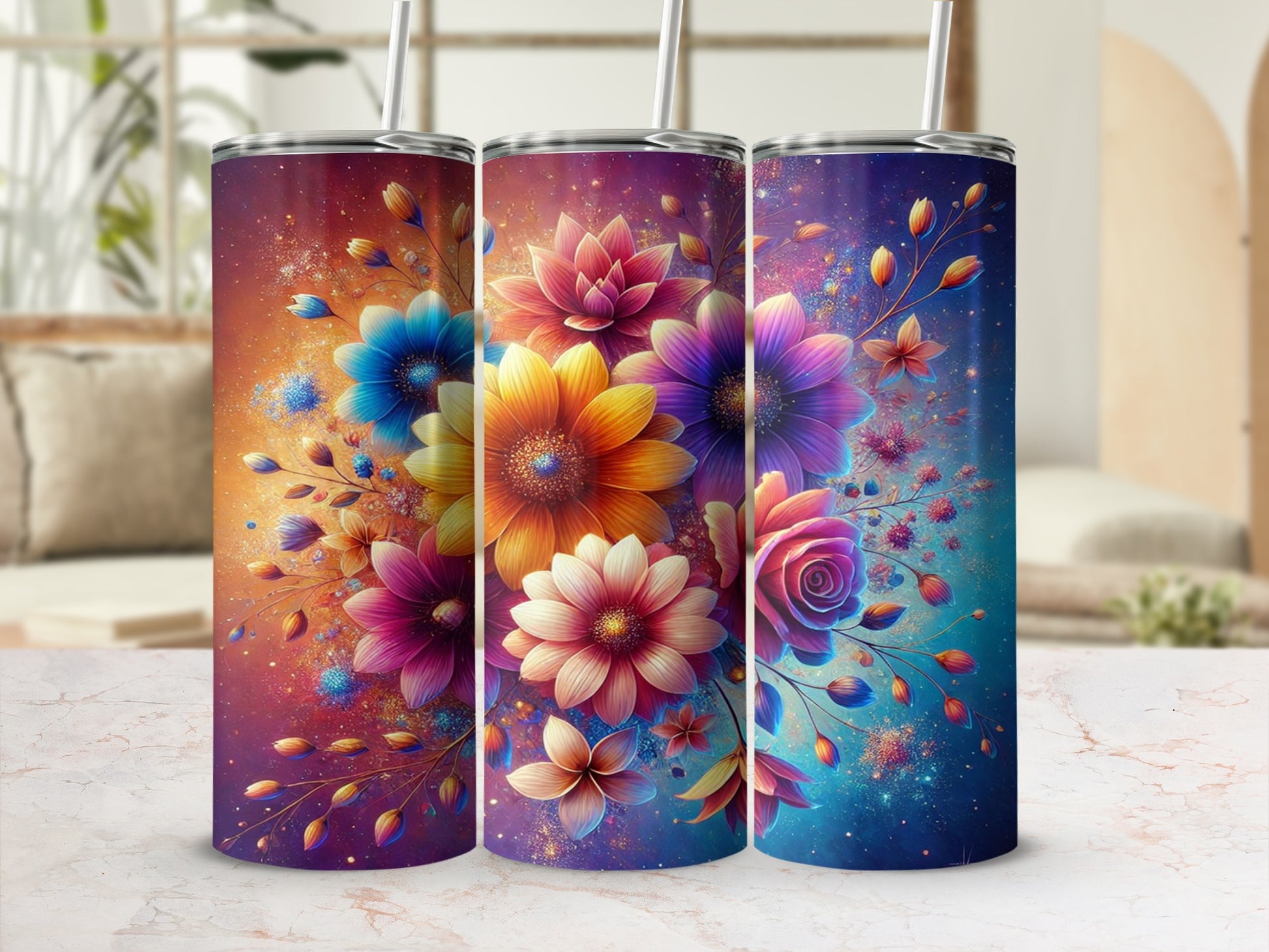 Vibrant Floral Print Insulated Tumbler with Straw