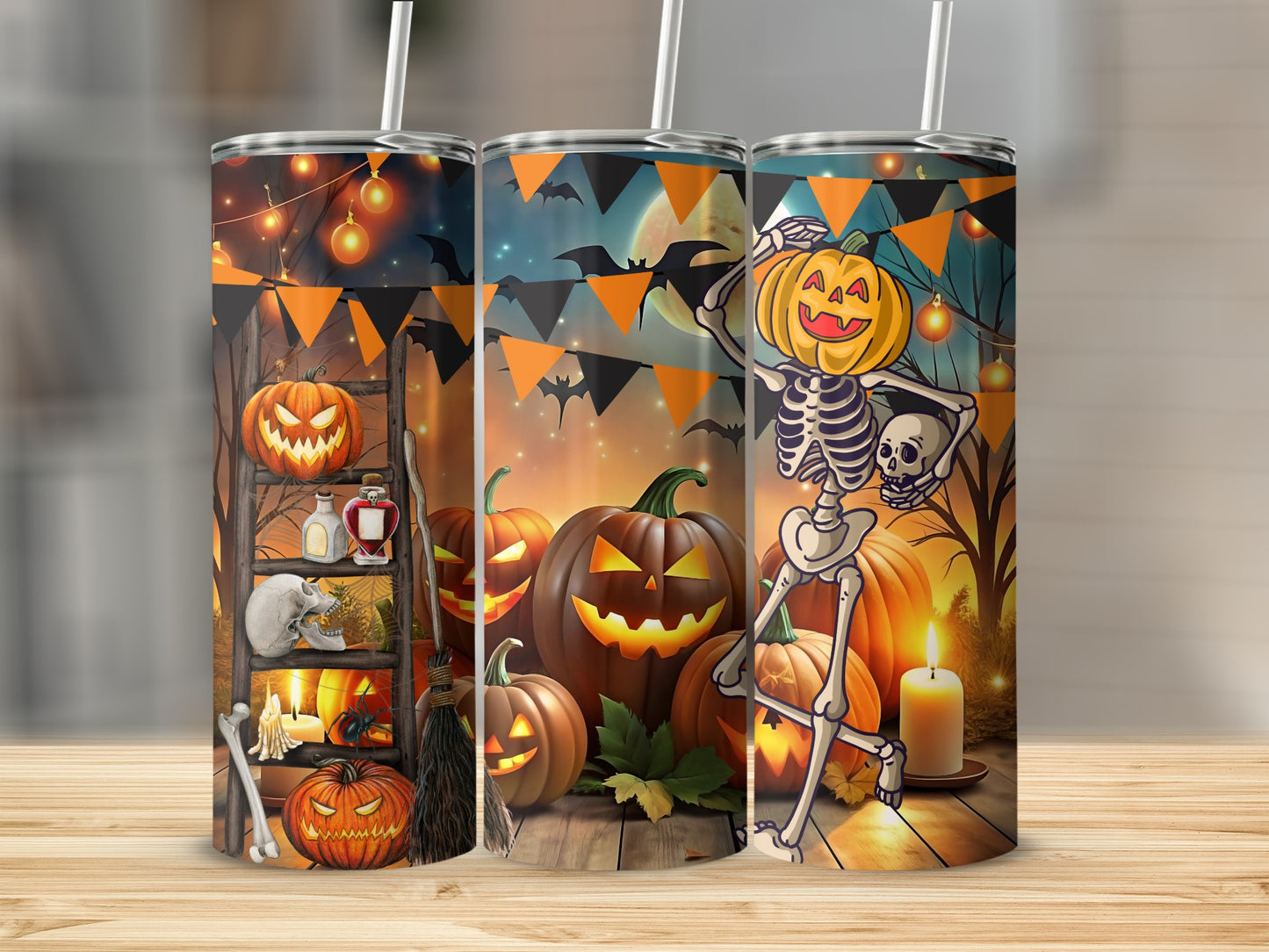 Halloween tumblers featuring pumpkins, a skeleton, bats, and spooky decorations.