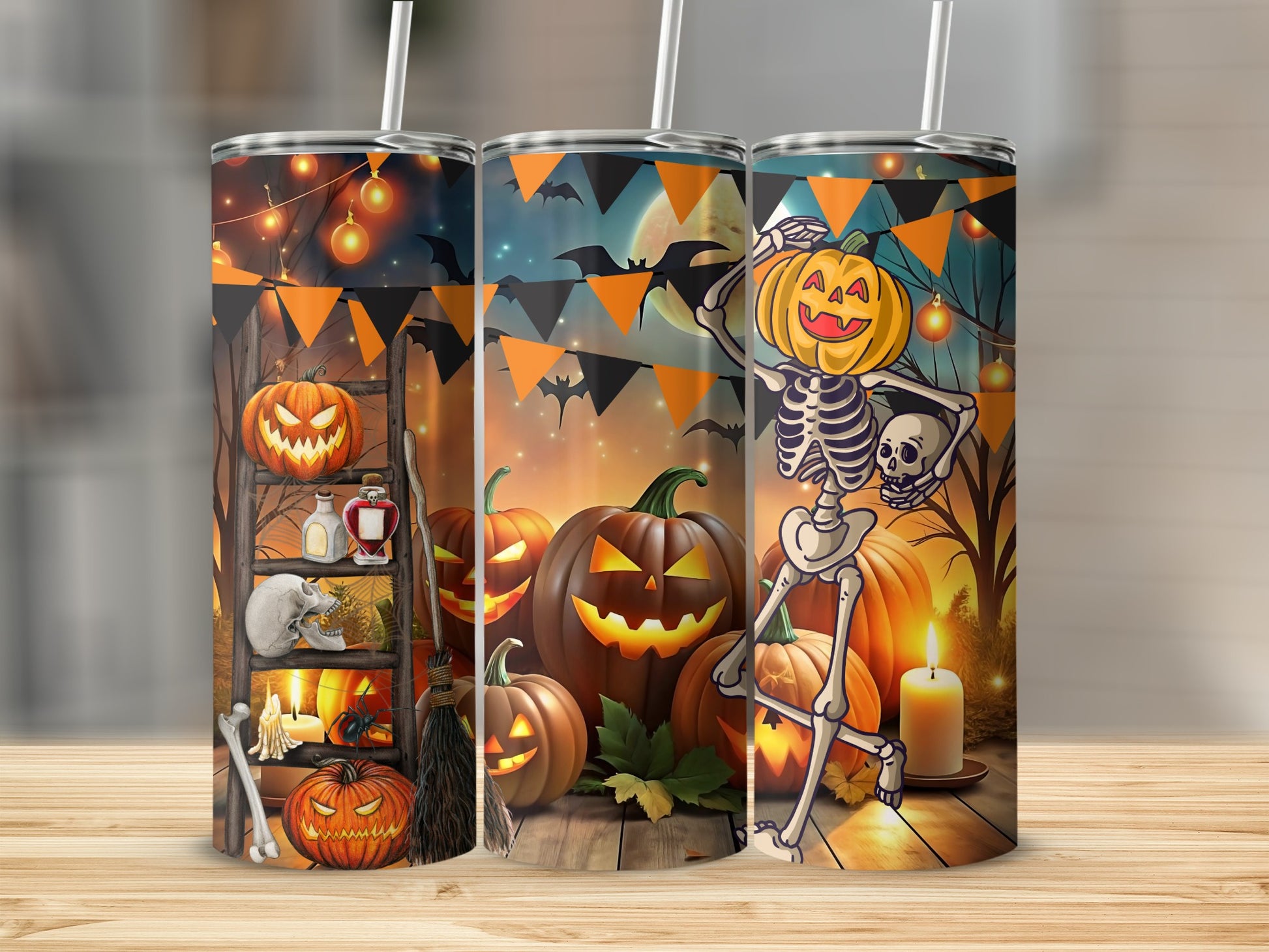 Halloween tumblers featuring pumpkins, a skeleton, bats, and spooky decorations.