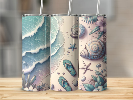 Three tumblers with beach and seashell designs.