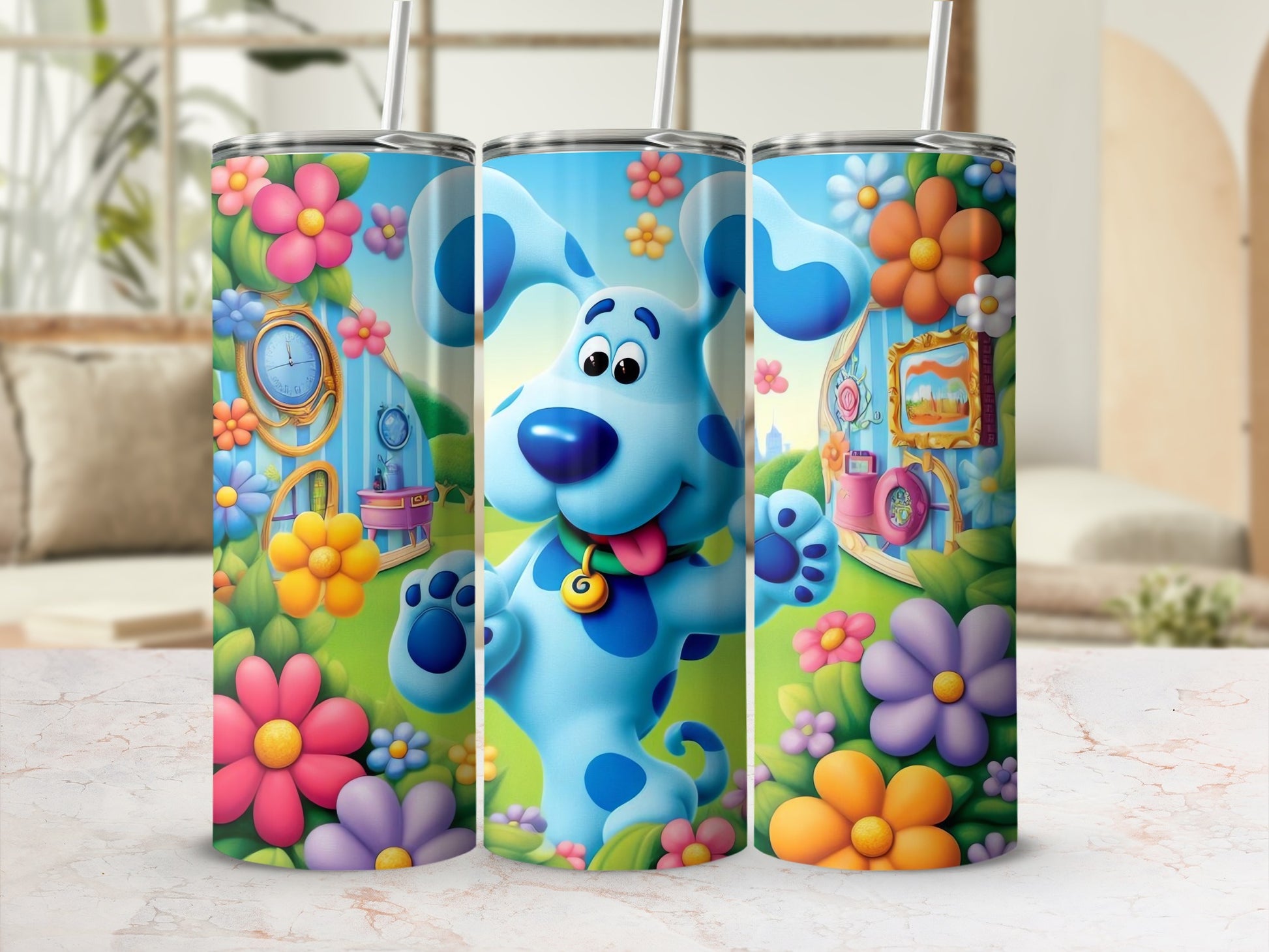 Colorful Cartoon Dog and Flowers Drinkware Tumbler