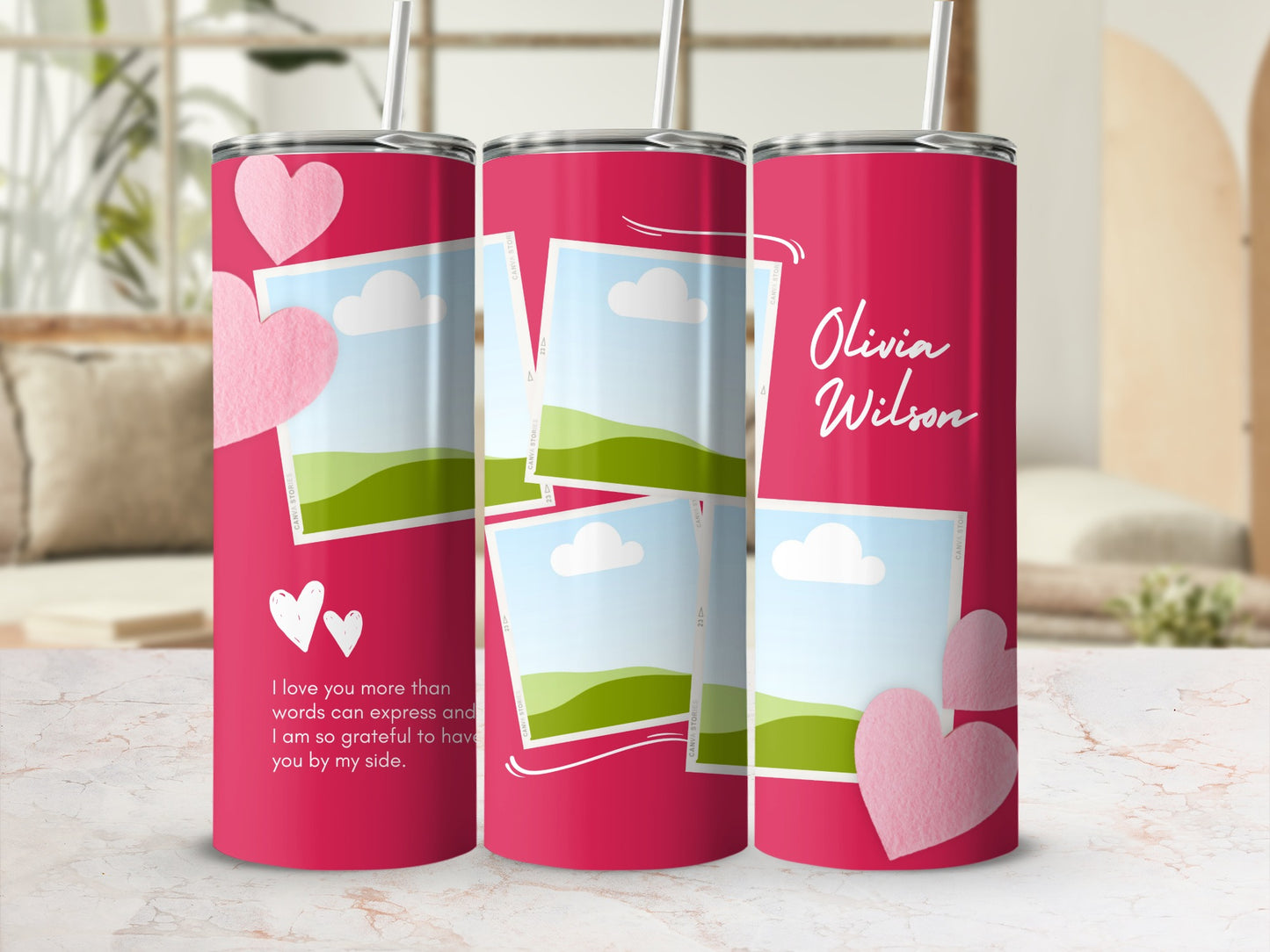 Pink tumbler with photos, hearts, and "Olivia Wilson" text.