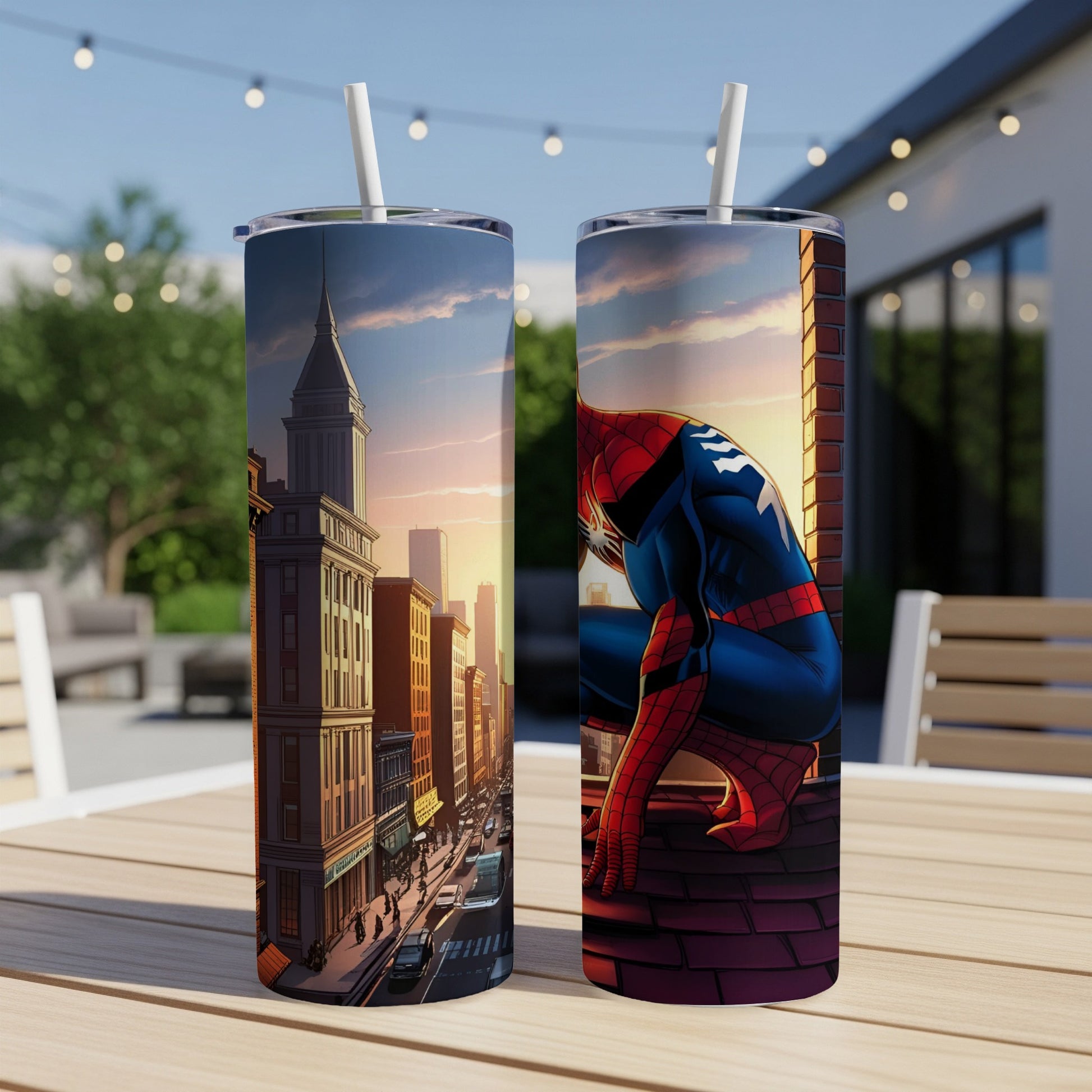 Spider-Man crouching on a rooftop overlooking a city street at sunset.