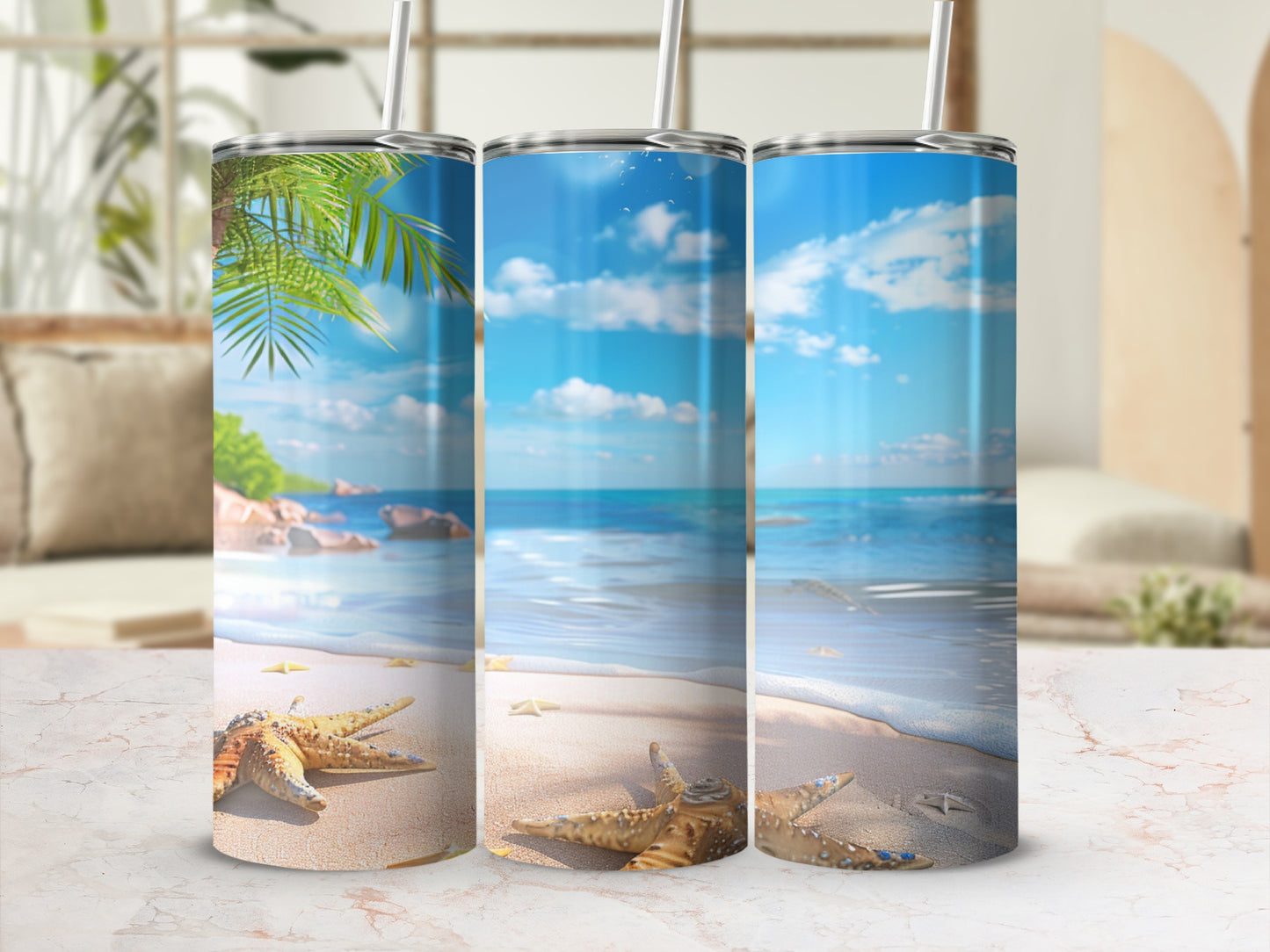 Three tumblers with beach scenes, starfish, and palm leaves.