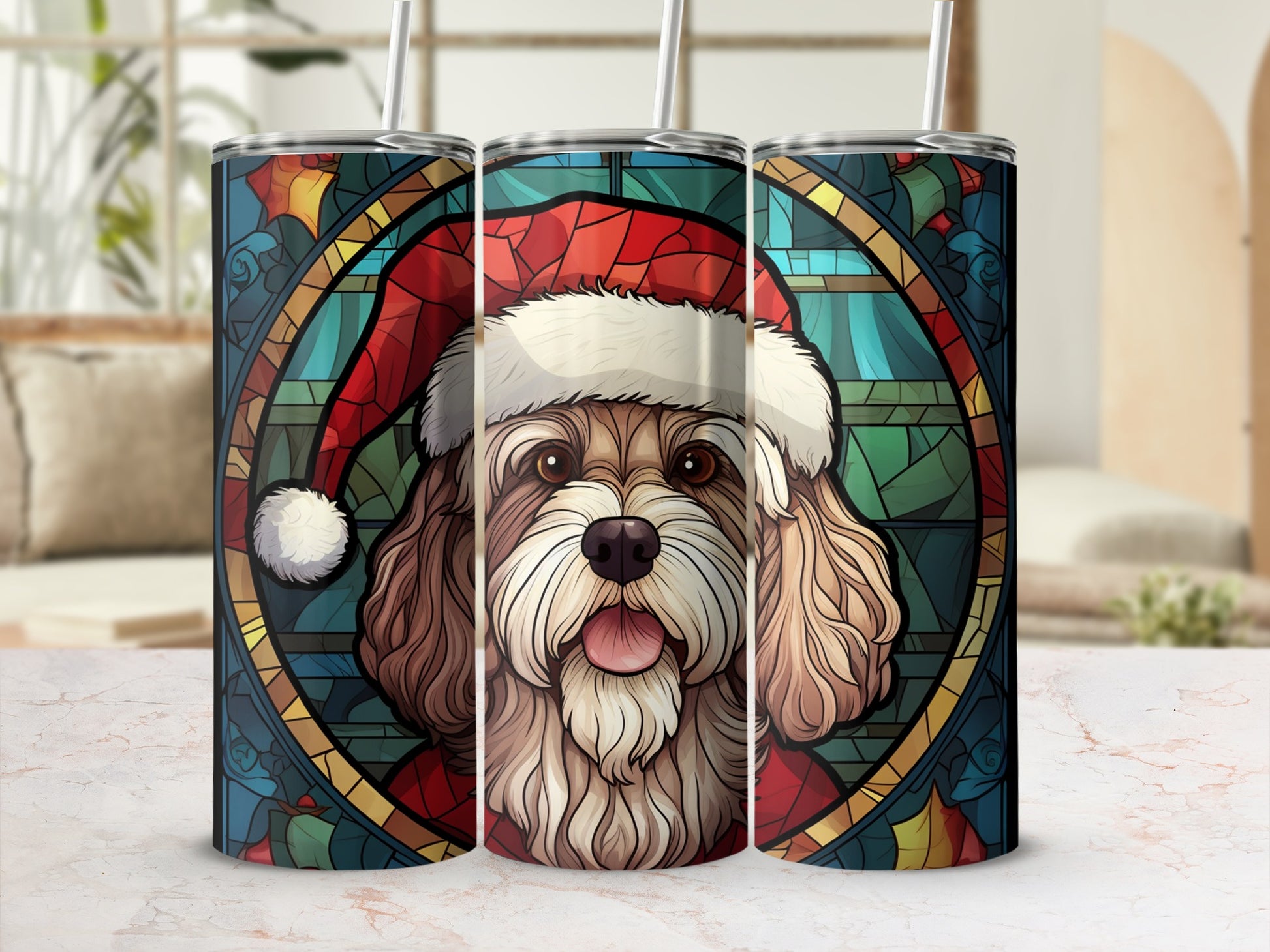 Three tumblers with a festive dog wearing a Santa hat and stained glass background.