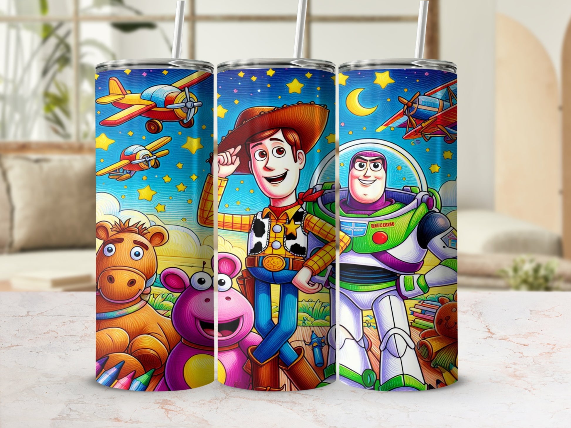 Woody and Buzz Lightyear with toys from Toy Story on colorful tumblers.