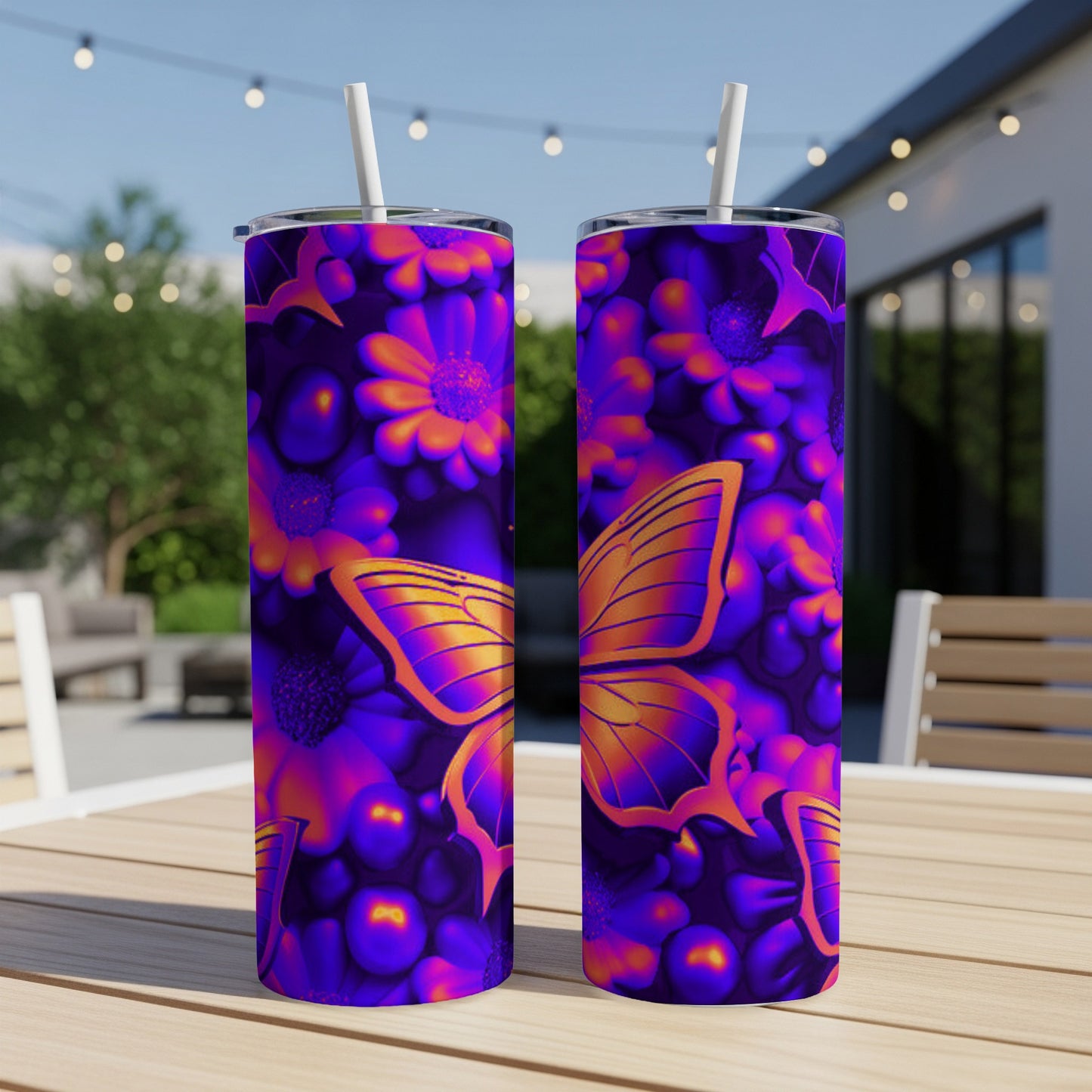 Two tumblers with a purple and orange butterfly and floral design.
