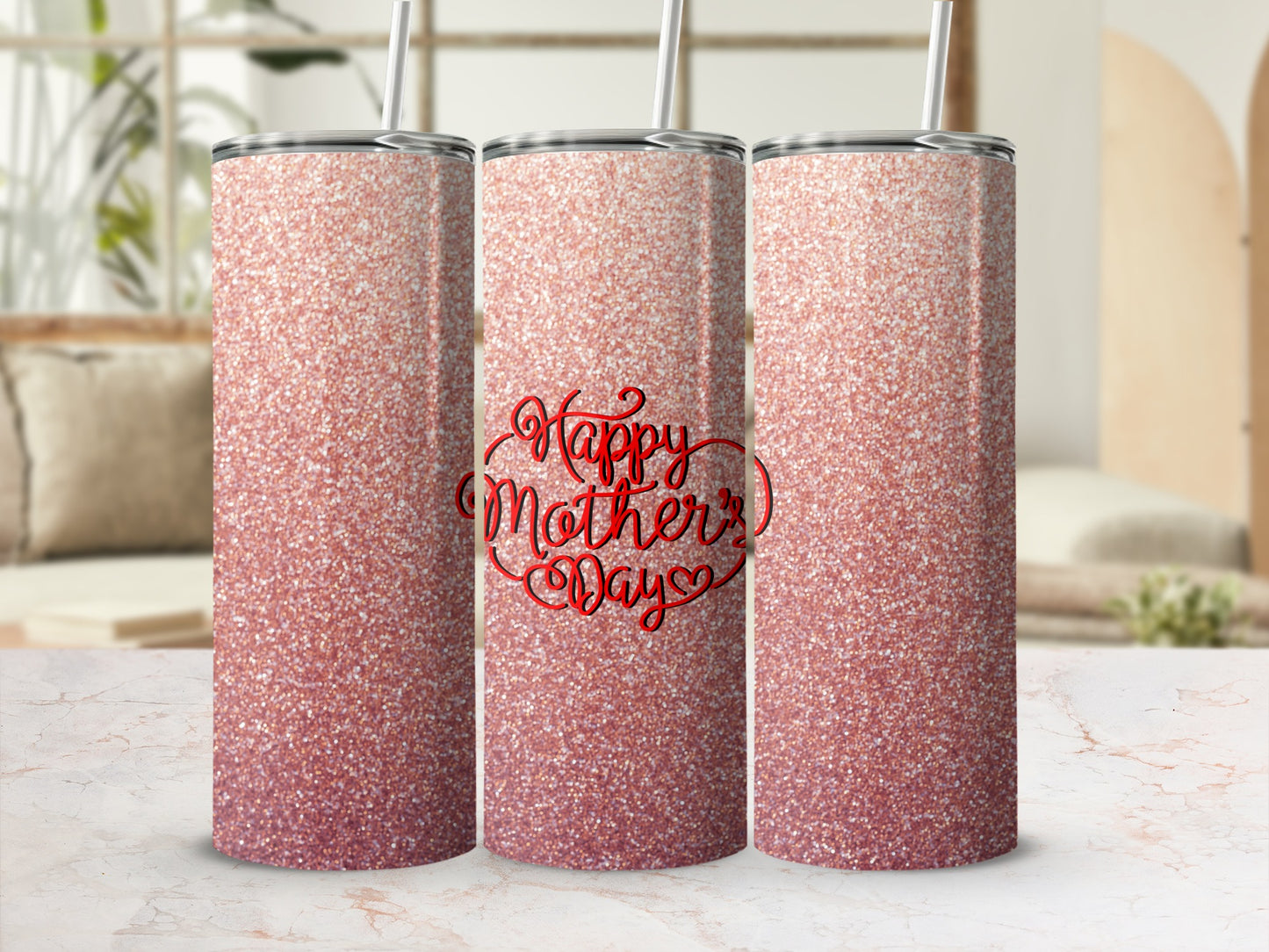Rose gold glitter tumbler with "Happy Mother's Day" text.
