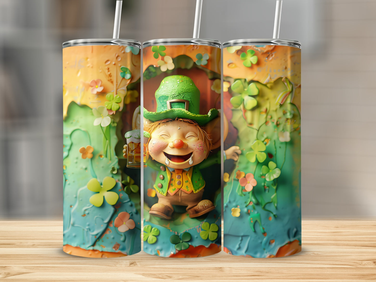 Leprechaun holding a beer mug with shamrocks on a tumbler.