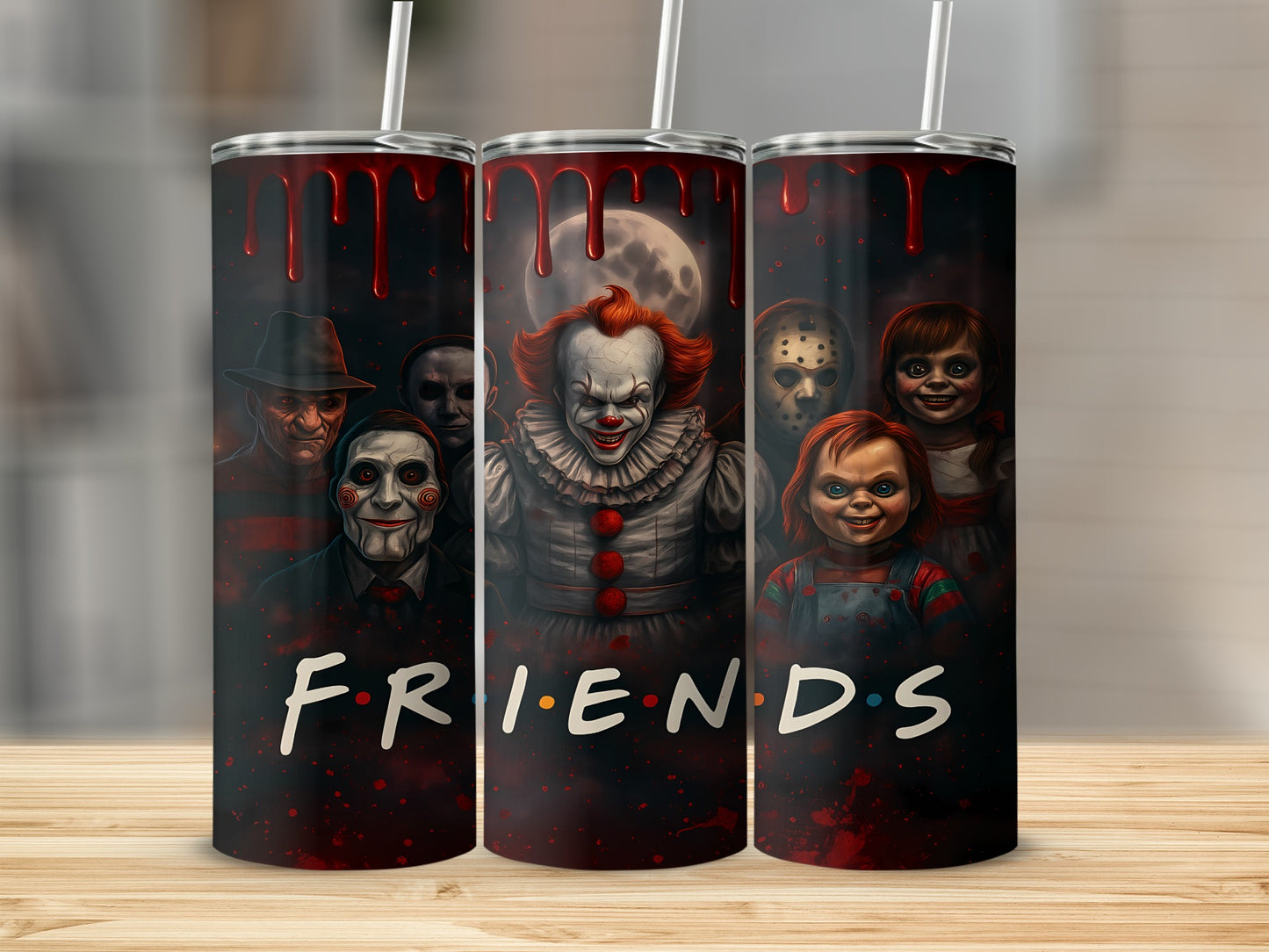 Horror characters with "FRIENDS" logo on tumblers with bloody drips.