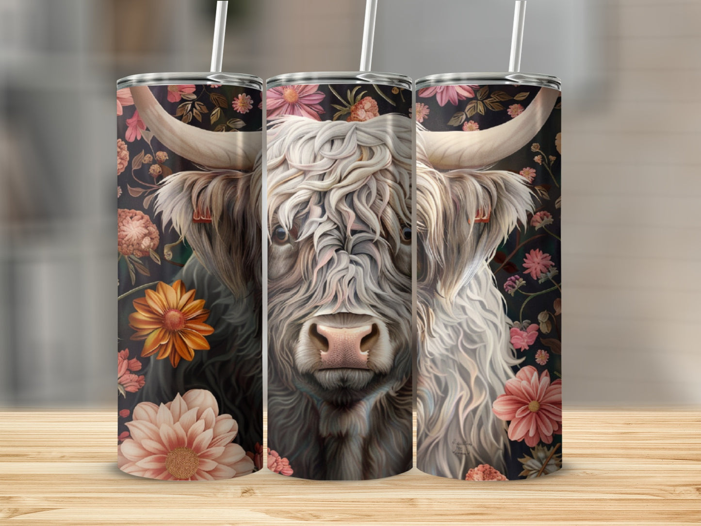 Highland cow with flowers on a dark floral background.