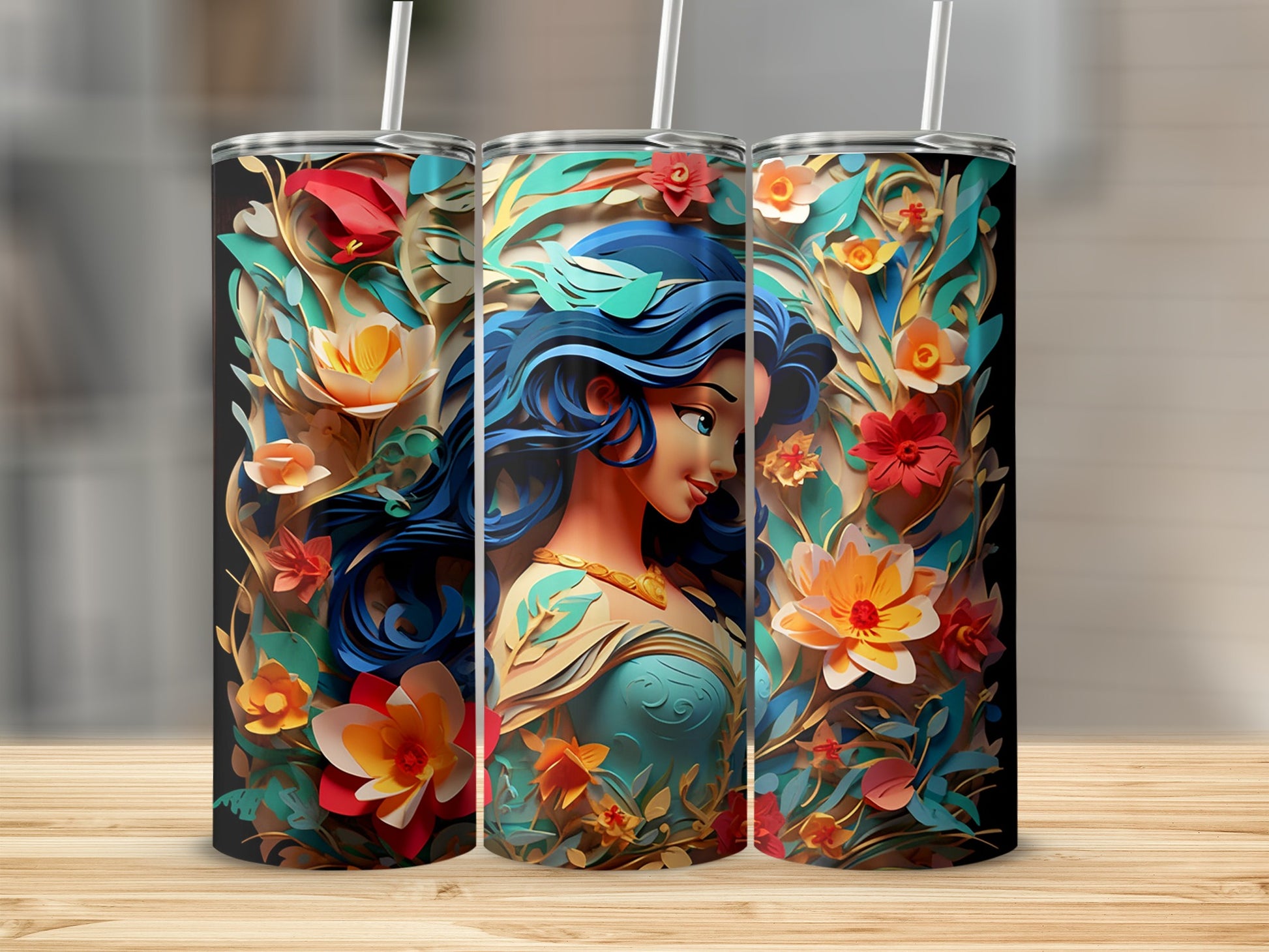Enchanting Floral and Blue-Haired Lady Design Tumbler