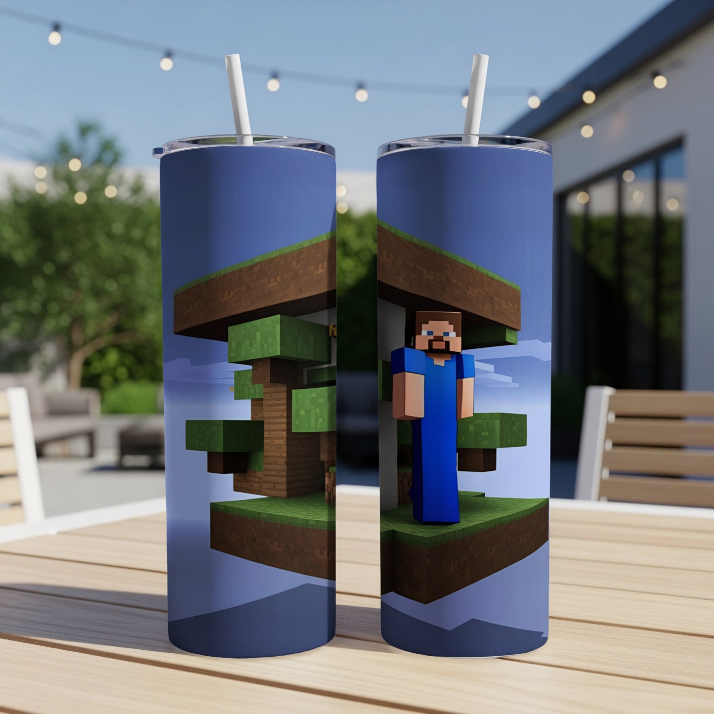 Minecraft character on floating dirt island with tree, on a tumbler.