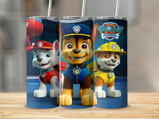 Paw Patrol characters Chase, Marshall, and Skye on a blue tumbler.