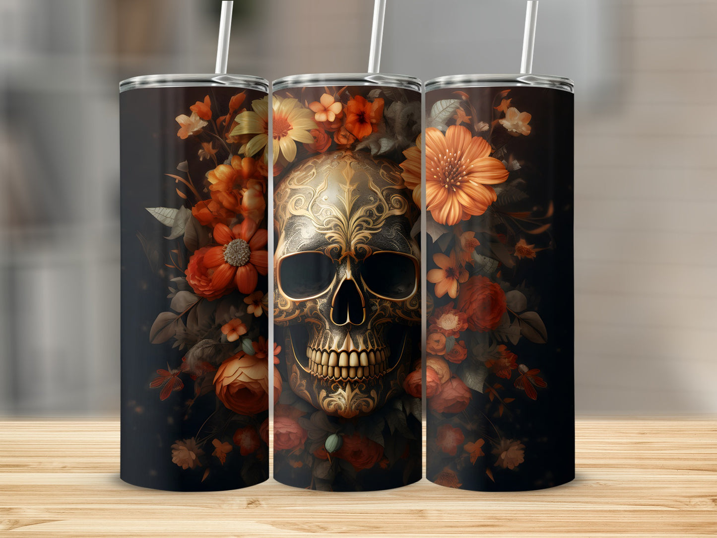 Floral Skull Design Tumbler with Artistic Appeal