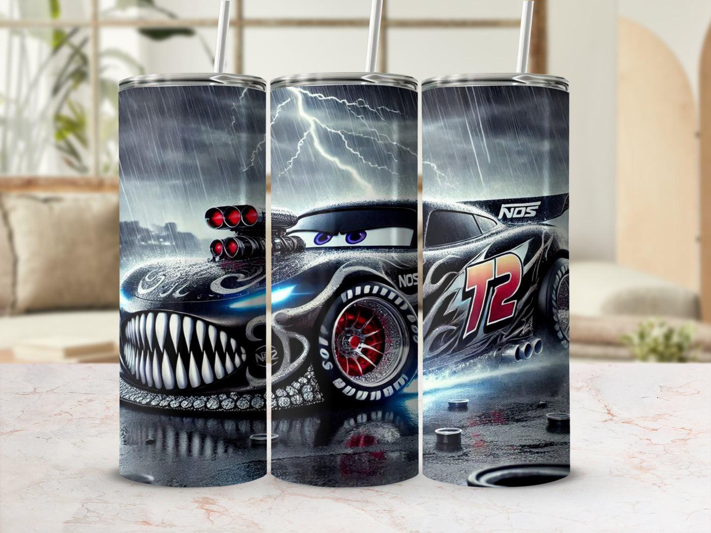 Lightning McQueen car with fangs and NOS detailing on a stormy road.