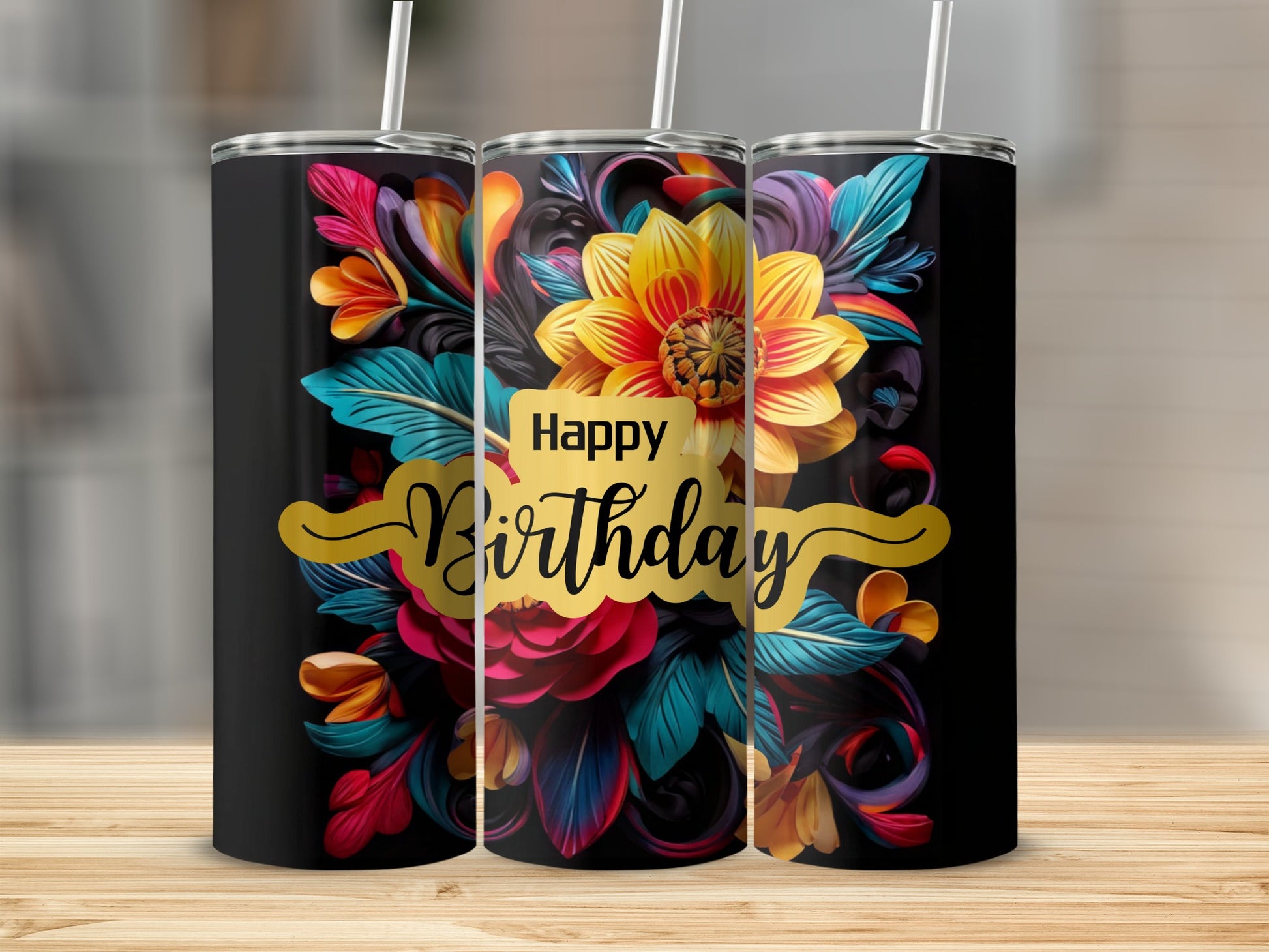 Black tumbler with "Happy Birthday" text and vibrant floral design.